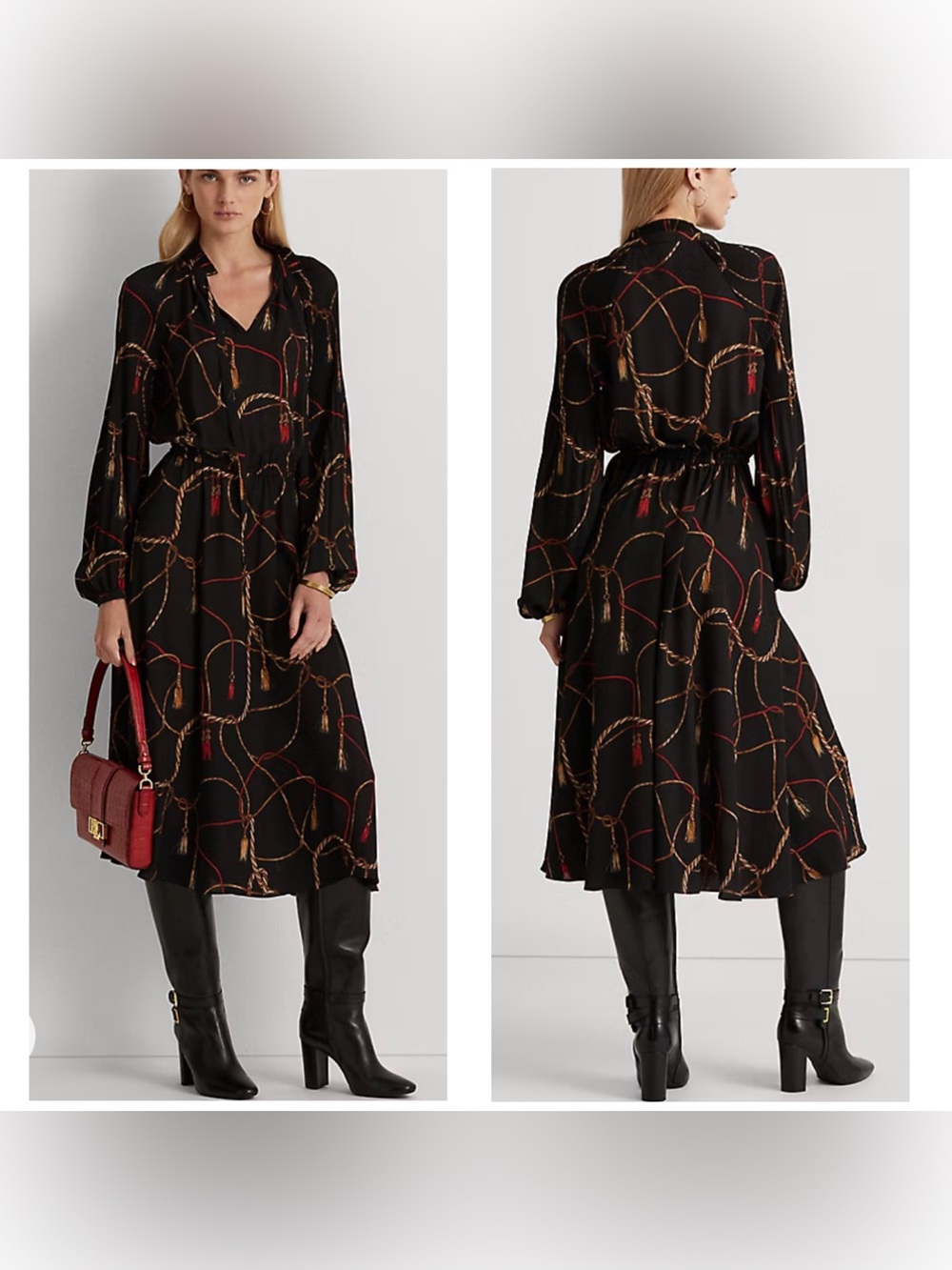 Lauren Ralph Lauren Black Tassel-Print Georgette Tie Neck Midi Dress Size 14